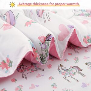 Viviland Twin Unicorn Comforter Set for Girls - Kids Brushed Microfiber Twin Bedding Set - 5 Pieces Machine Washable Bed in A Bag with Soft Comforters, Sheet Set, Shams - Unicorn Love Heart