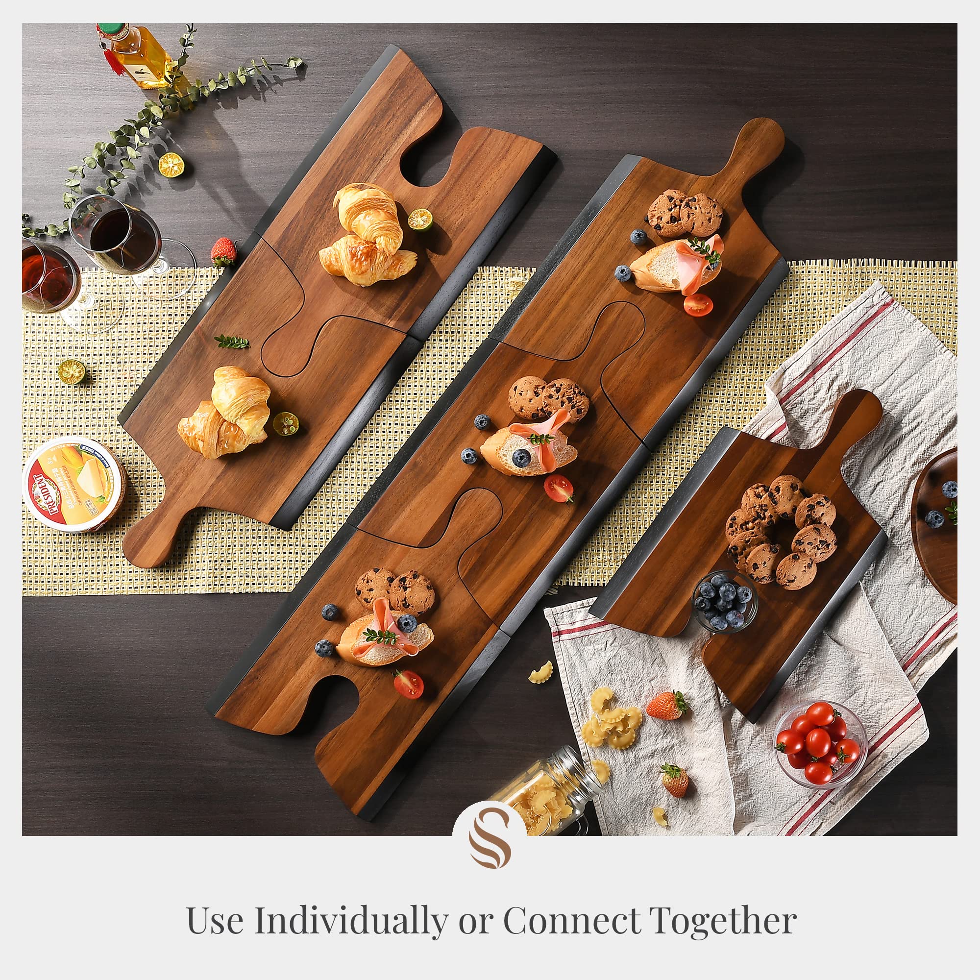 Shanik Acacia Wood Cheese Board Set with Puzzle Handles, Set of 3, Natural Wood Party Serving Platter for Charcuterie Meat, Cheeses, and Wine Appetizers, Gift Bundle With Engraving