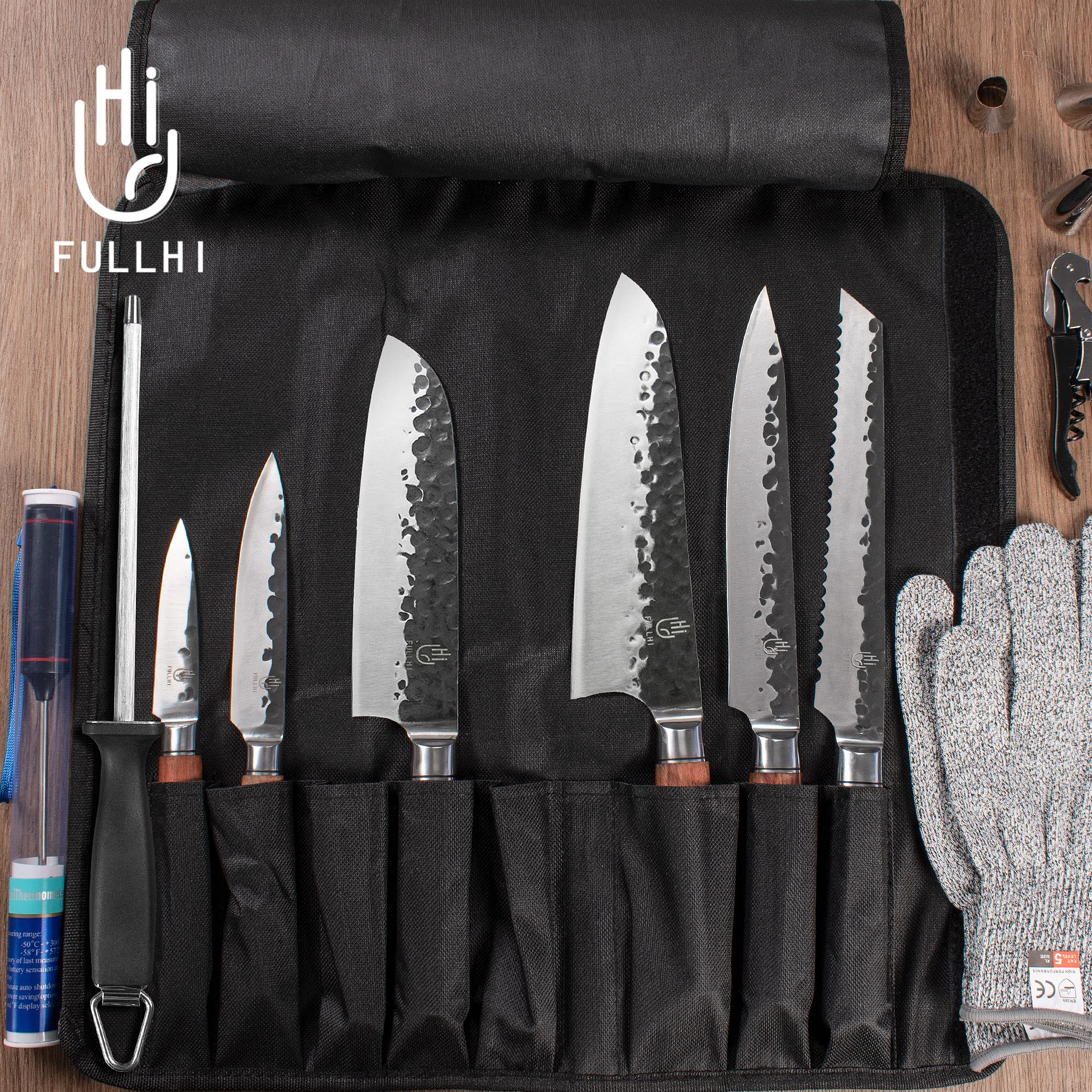 FULLHI 12pcs Butcher Chef Knife Set include sheath High Carbon Steel Cleaver Kitchen Knife Whole Tang Vegetable Cleaver Home BBQ Camping with Knife Bag,Meat Thermometer