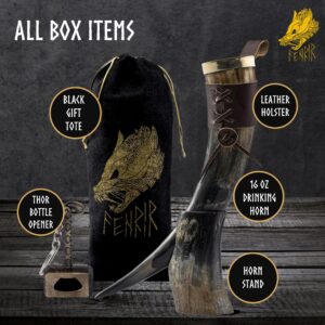 FENRIR Viking Drinking Horn With Stand-16 oz | Viking Gifts for Men & Women | Thor Bottle Opener | Norse Viking Horn Cup Perfect For Drink Beer, Ale, Mead, Whiskey | Food Grade | Natural Polished