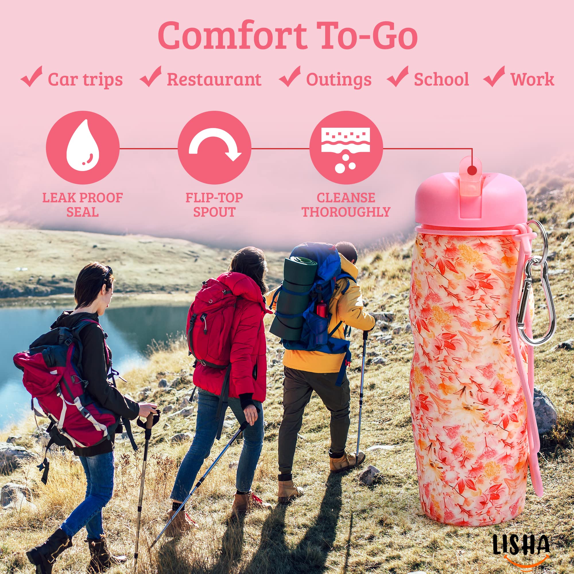 Lisha Portable Travel Bidet, Peri Bottle, Rolls-Up Compactly for Discreet Carry, Silicone Bidet Bottle with Leakproof Lid, Dust Bag and Clip (16.9 oz Capacity)