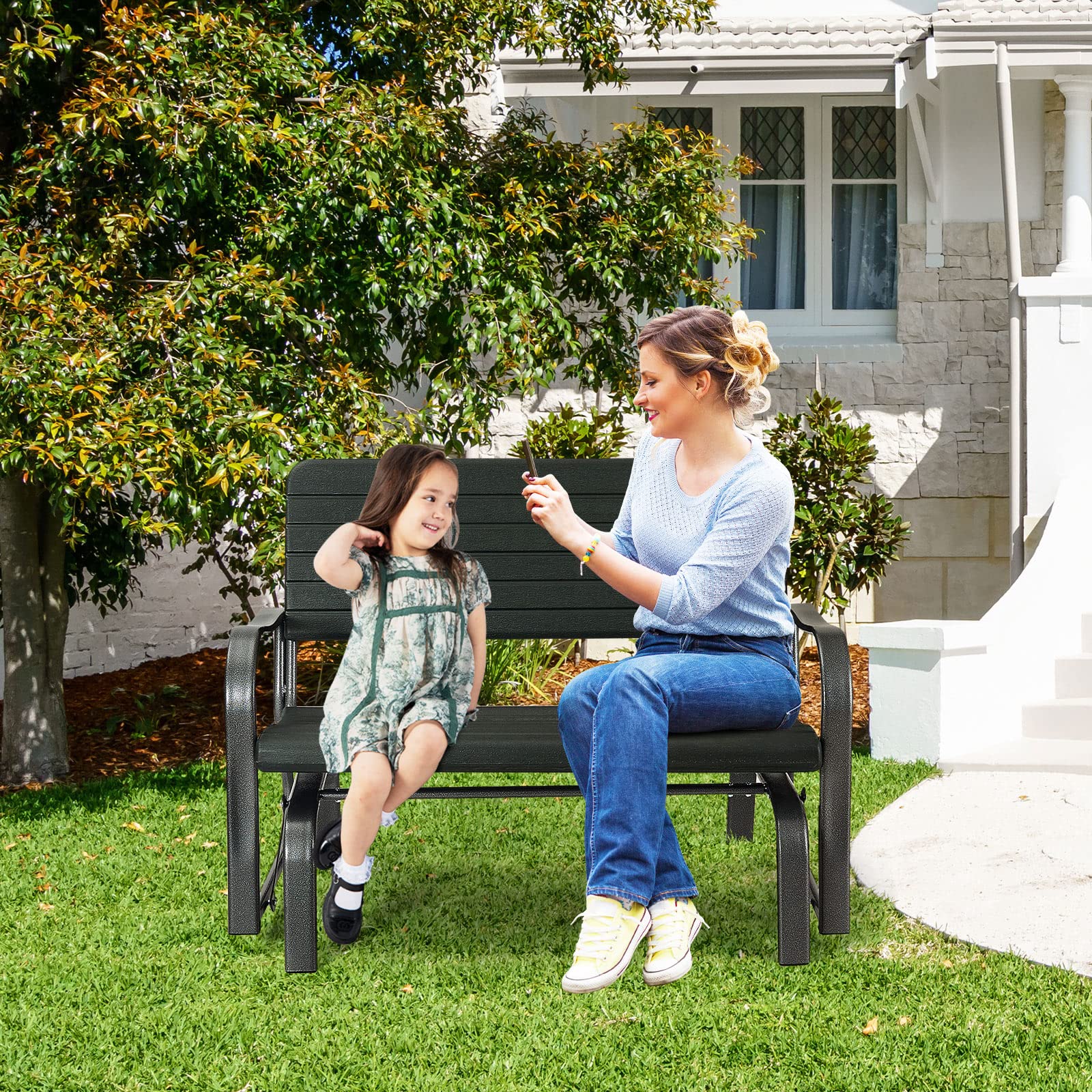 Tangkula Outdoor Glider Bench, Porch Glider Loveseat Swing Bench with w/Steel Frame, 2-Seat Rocking Chair for Porch, Garden, Backyard, Lawn (Dark Green)