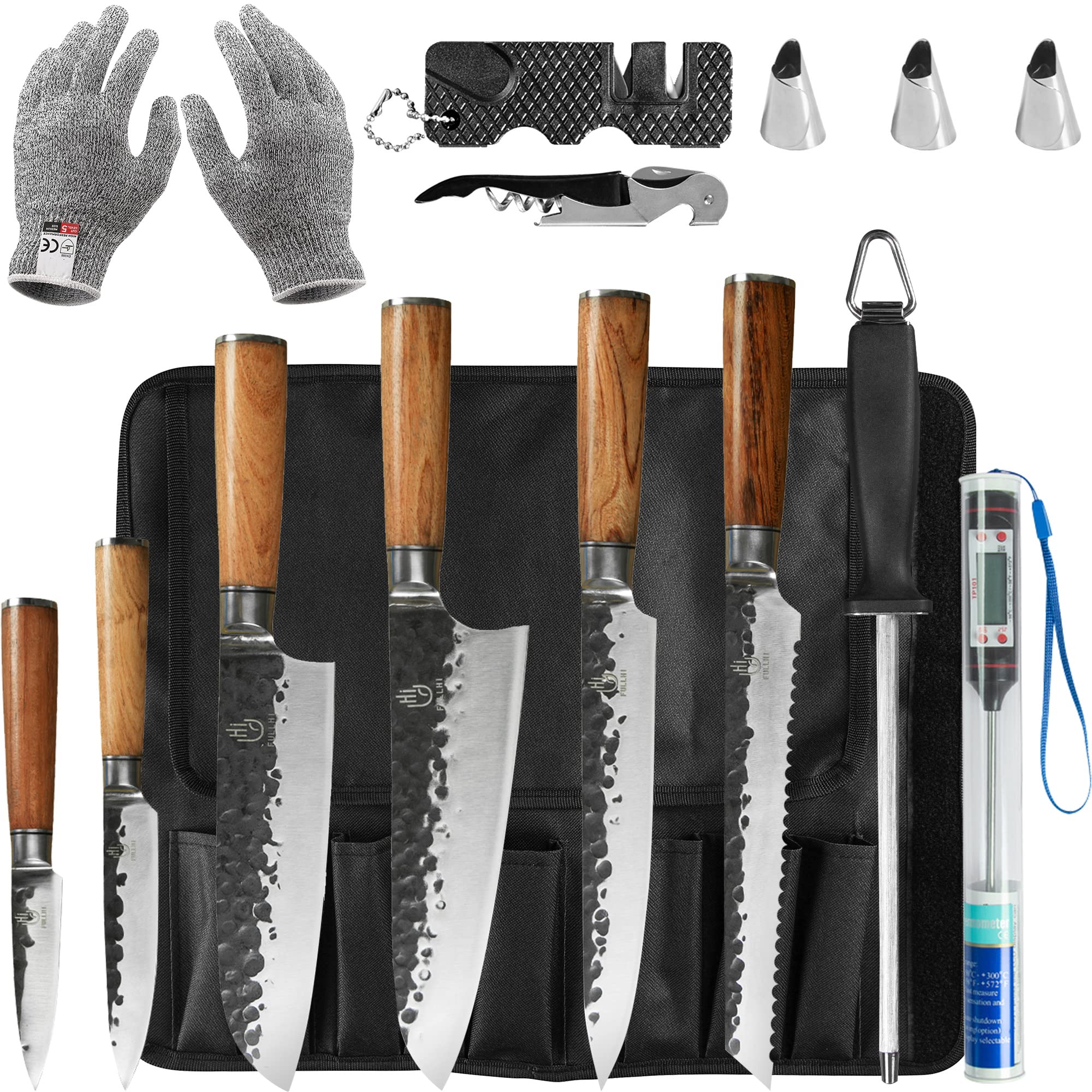 FULLHI 12pcs Butcher Chef Knife Set include sheath High Carbon Steel Cleaver Kitchen Knife Whole Tang Vegetable Cleaver Home BBQ Camping with Knife Bag,Meat Thermometer