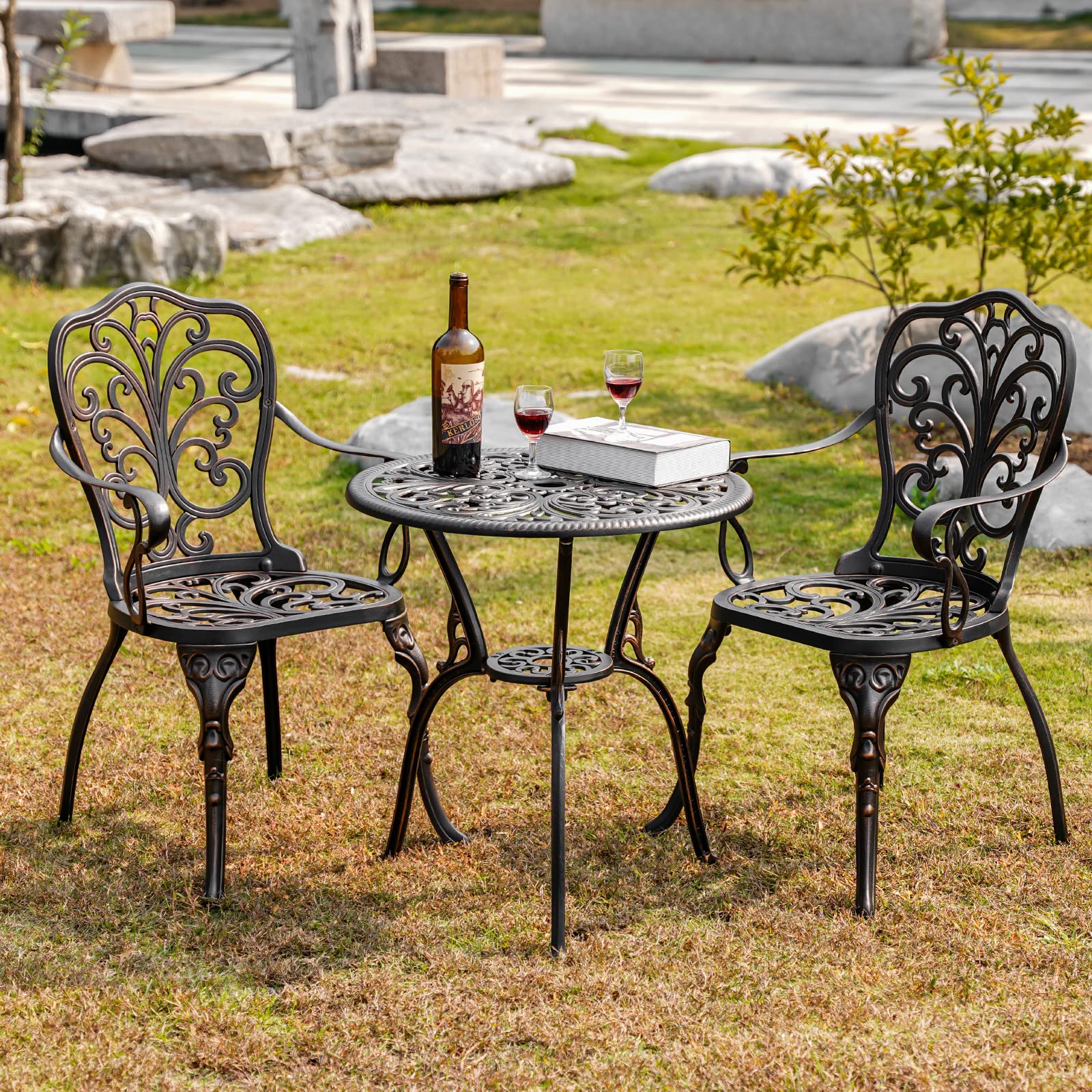 Withniture Outdoor Bistro Table and Chairs Set of 2 Cast Aluminum Patio Bistro Set with Umbrella Hole, All Weather Bistro Table Set for Garden, Suitable for All People, Bronze