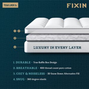 Texas Linen Co. Twin XL Cooling Mattress Topper, Pillow-Top Optimum Thickness, Soft 100% Cotton Fabric, Breathable & Plush Quilted Down-Like Fill, Snug Deep Pocket fit White