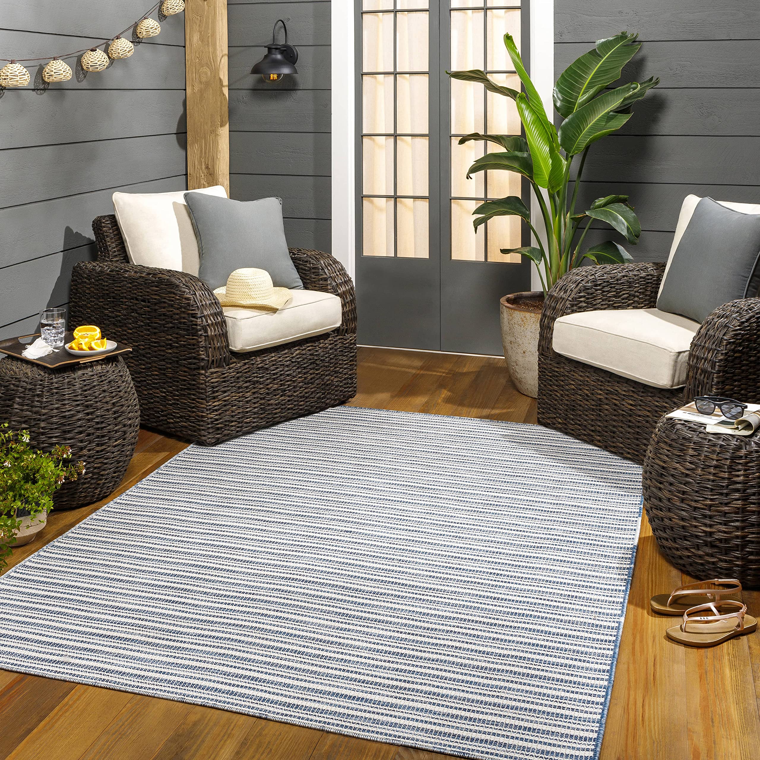 Mark&Day Outdoor Rugs, 5x7 Acheri Modern Indoor/Outdoor Dark Blue Area Rug, Non Shedding Blue Beige Carpet for Patio, Porch, Deck, Bedroom, Living Room or Kitchen (5'1" x 7')