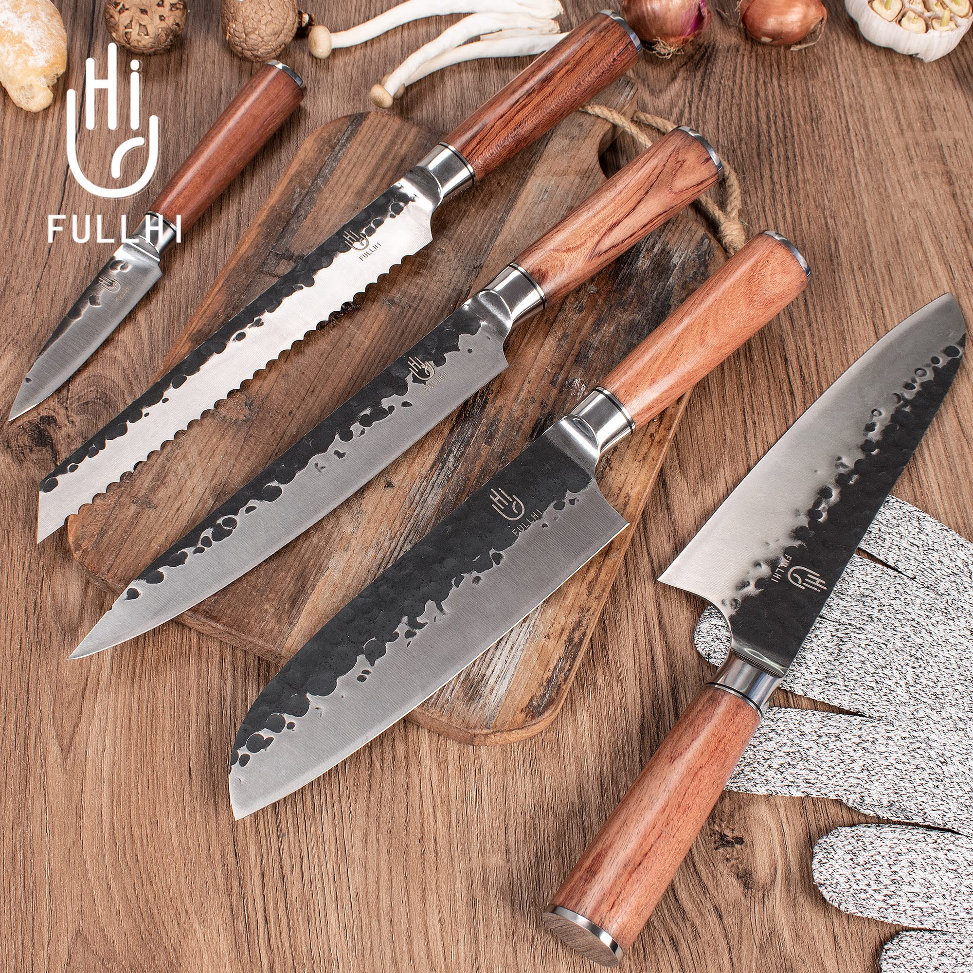 FULLHI 12pcs Butcher Chef Knife Set include sheath High Carbon Steel Cleaver Kitchen Knife Whole Tang Vegetable Cleaver Home BBQ Camping with Knife Bag,Meat Thermometer