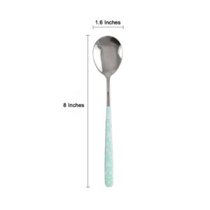 Stainless Steel Soup Spoon,Korean Dessert Spoon,Green Daisy Mixed Color Spoon for Home, Kitchen or Restaurant, Set of 4 Green Daisy Colour Soup Spoons, 8 Inches.