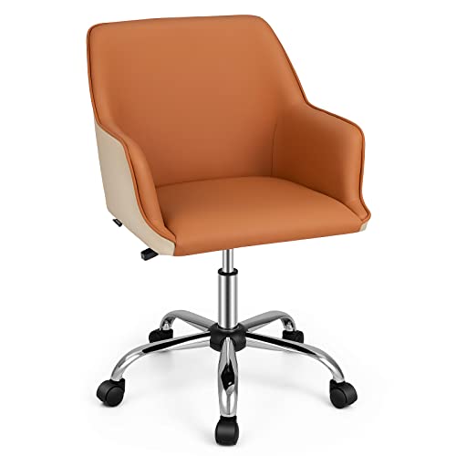 Giantex Home Office Desk Chair, Upholstered PU Leather Task Chair w/Arms & Adjustable Height, Mid-Back Swivel Rolling Desk Chair for Bedroom Study Office, Orange & Beige