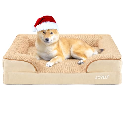 JOYELF Orthopedic Dog Bed for Medium Dogs, Foam Sofa Couch Bed, Bolster Waterproof Pet Bed with Removable Washable Cover and Nonskid Bottom, Durable Dog Bed Couch for Medium Dogs -Khaki