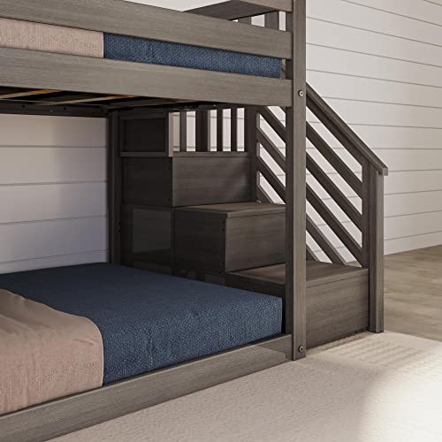 Max & Lily Solid Wood Twin over Twin Size Low Bunk Beds for Kids with Slide and Stairs, 400 lbs Weight Capacity, 14" Safety Guardrail, Anti-Slip Steps, Clay