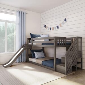 max & lily solid wood twin over twin size low bunk beds for kids with slide and stairs, 400 lbs weight capacity, 14" safety guardrail, anti-slip steps, clay