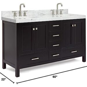 ARIEL Double Bathroom Vanity 60" Espresso, 2" Edge Italian Carrara Marble Countertop & Splash, Rectangular Sinks, 4 Soft Closing Doors, 6 Full Extension Dovetail Drawers, Brushed Nickel