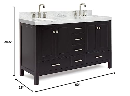 ARIEL Double Bathroom Vanity 60" Espresso, 2" Edge Italian Carrara Marble Countertop & Splash, Rectangular Sinks, 4 Soft Closing Doors, 6 Full Extension Dovetail Drawers, Brushed Nickel