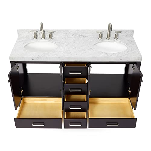 ARIEL Double Bathroom Vanity 60" Espresso, 2" Edge Italian Carrara Marble Countertop & Splash, Rectangular Sinks, 4 Soft Closing Doors, 6 Full Extension Dovetail Drawers, Brushed Nickel