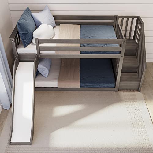 Max & Lily Solid Wood Twin over Twin Size Low Bunk Beds for Kids with Slide and Stairs, 400 lbs Weight Capacity, 14" Safety Guardrail, Anti-Slip Steps, Clay