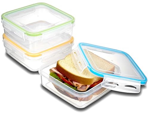 Kitchen & Cabana - Set of 3 - Fun Size Sandwich Containers - Reusable, BPA Free Plastic, Snap Shut Lids with Airtight Silicone Seal. Great for Sandwiches, Snacks and Storage (K&C-3PK)