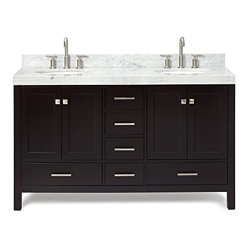 ARIEL Double Bathroom Vanity 60" Espresso, 2" Edge Italian Carrara Marble Countertop & Splash, Rectangular Sinks, 4 Soft Closing Doors, 6 Full Extension Dovetail Drawers, Brushed Nickel