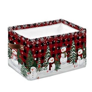 Storage Bins Large Storage Basket,Christmas Snowman and Tree in Snow Collapsible Storage Bins with Handle,Red and Black Buffalo Plaid Storage Baskets Cube Organizer for Shelves Closet Nursery 1PCS