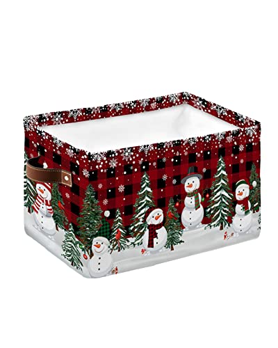 Storage Bins Large Storage Basket,Christmas Snowman and Tree in Snow Collapsible Storage Bins with Handle,Red and Black Buffalo Plaid Storage Baskets Cube Organizer for Shelves Closet Nursery 1PCS