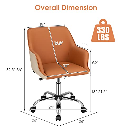 Giantex Home Office Desk Chair, Upholstered PU Leather Task Chair w/Arms & Adjustable Height, Mid-Back Swivel Rolling Desk Chair for Bedroom Study Office, Orange & Beige