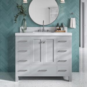 ARIEL Cambridge 42 Inch Bathroom Vanity with Sink, Grey Bathroom Vanity, Solid Wood Vanity Cabinet, Carrara Marble Top, 2-Inch Edge, Rectangular Undermount Sink, 2 Soft Closing Doors, 9 Drawers