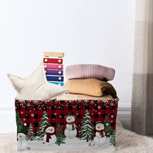 Storage Bins Large Storage Basket,Christmas Snowman and Tree in Snow Collapsible Storage Bins with Handle,Red and Black Buffalo Plaid Storage Baskets Cube Organizer for Shelves Closet Nursery 1PCS