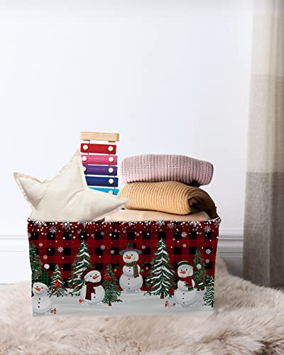 Storage Bins Large Storage Basket,Christmas Snowman and Tree in Snow Collapsible Storage Bins with Handle,Red and Black Buffalo Plaid Storage Baskets Cube Organizer for Shelves Closet Nursery 1PCS