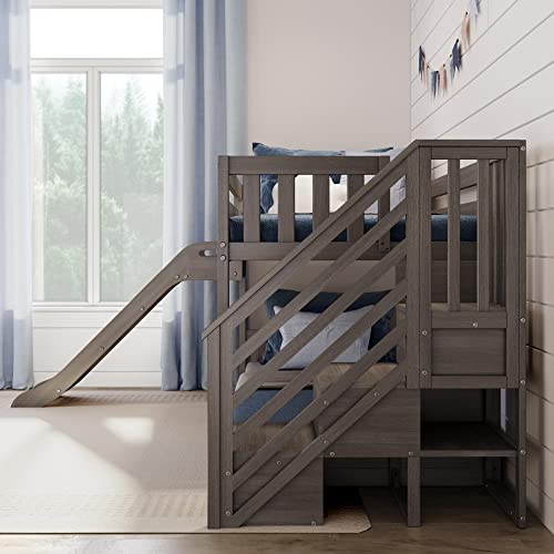 Max & Lily Solid Wood Twin over Twin Size Low Bunk Beds for Kids with Slide and Stairs, 400 lbs Weight Capacity, 14" Safety Guardrail, Anti-Slip Steps, Clay