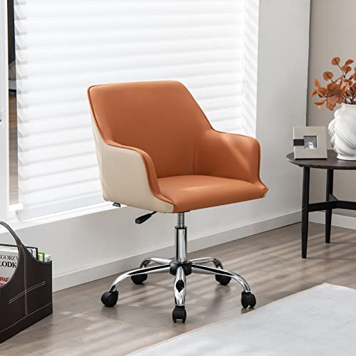 Giantex Home Office Desk Chair, Upholstered PU Leather Task Chair w/Arms & Adjustable Height, Mid-Back Swivel Rolling Desk Chair for Bedroom Study Office, Orange & Beige