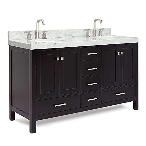 ARIEL Double Bathroom Vanity 60" Espresso, 2" Edge Italian Carrara Marble Countertop & Splash, Rectangular Sinks, 4 Soft Closing Doors, 6 Full Extension Dovetail Drawers, Brushed Nickel