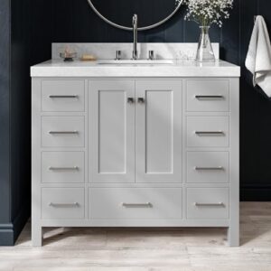 ARIEL Cambridge 42 Inch Bathroom Vanity with Sink, Grey Bathroom Vanity, Solid Wood Vanity Cabinet, Carrara Marble Top, 2-Inch Edge, Rectangular Undermount Sink, 2 Soft Closing Doors, 9 Drawers