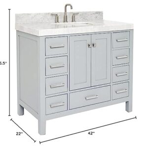 ARIEL Cambridge 42 Inch Bathroom Vanity with Sink, Grey Bathroom Vanity, Solid Wood Vanity Cabinet, Carrara Marble Top, 2-Inch Edge, Rectangular Undermount Sink, 2 Soft Closing Doors, 9 Drawers