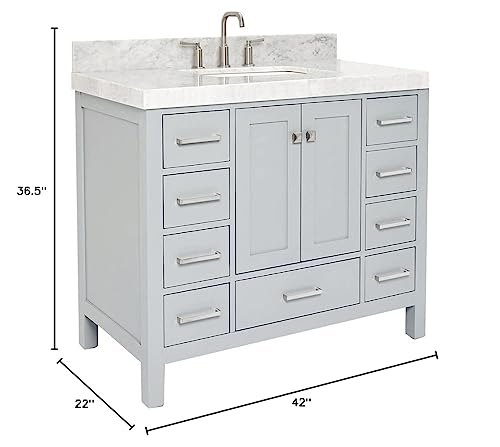 ARIEL Cambridge 42 Inch Bathroom Vanity with Sink, Grey Bathroom Vanity, Solid Wood Vanity Cabinet, Carrara Marble Top, 2-Inch Edge, Rectangular Undermount Sink, 2 Soft Closing Doors, 9 Drawers