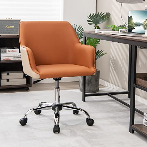 Giantex Home Office Desk Chair, Upholstered PU Leather Task Chair w/Arms & Adjustable Height, Mid-Back Swivel Rolling Desk Chair for Bedroom Study Office, Orange & Beige