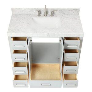 ARIEL Cambridge 42 Inch Bathroom Vanity with Sink, Grey Bathroom Vanity, Solid Wood Vanity Cabinet, Carrara Marble Top, 2-Inch Edge, Rectangular Undermount Sink, 2 Soft Closing Doors, 9 Drawers