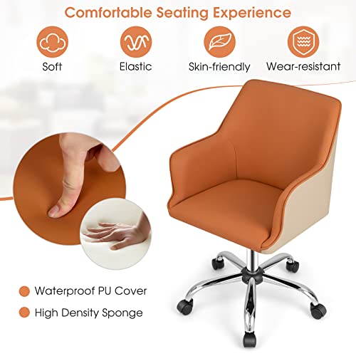 Giantex Home Office Desk Chair, Upholstered PU Leather Task Chair w/Arms & Adjustable Height, Mid-Back Swivel Rolling Desk Chair for Bedroom Study Office, Orange & Beige