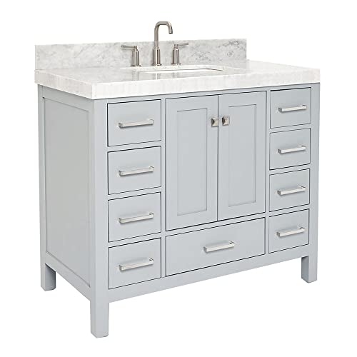 ARIEL Cambridge 42 Inch Bathroom Vanity with Sink, Grey Bathroom Vanity, Solid Wood Vanity Cabinet, Carrara Marble Top, 2-Inch Edge, Rectangular Undermount Sink, 2 Soft Closing Doors, 9 Drawers