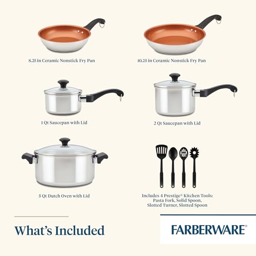 Farberware Classic Traditions Stainless Steel Cookware Induction Pots and Pans Set with Prestige Cooking Utensils, 12 Piece - Stainless Steel