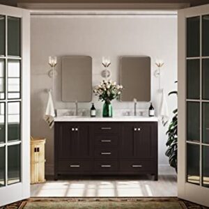 ARIEL Double Bathroom Vanity 60" Espresso, 2" Edge Italian Carrara Marble Countertop & Splash, Rectangular Sinks, 4 Soft Closing Doors, 6 Full Extension Dovetail Drawers, Brushed Nickel