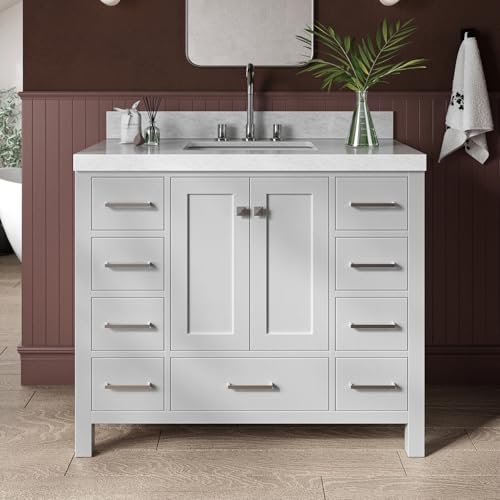 ARIEL Cambridge 42 Inch Bathroom Vanity with Sink, Grey Bathroom Vanity, Solid Wood Vanity Cabinet, Carrara Marble Top, 2-Inch Edge, Rectangular Undermount Sink, 2 Soft Closing Doors, 9 Drawers