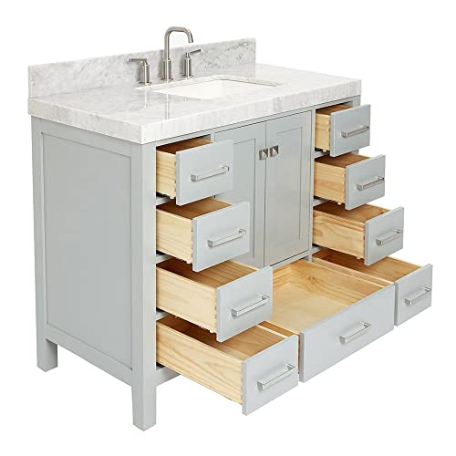 ARIEL Cambridge 42 Inch Bathroom Vanity with Sink, Grey Bathroom Vanity, Solid Wood Vanity Cabinet, Carrara Marble Top, 2-Inch Edge, Rectangular Undermount Sink, 2 Soft Closing Doors, 9 Drawers