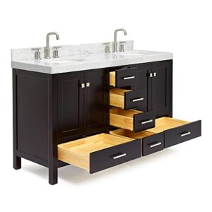 ARIEL Double Bathroom Vanity 60" Espresso, 2" Edge Italian Carrara Marble Countertop & Splash, Rectangular Sinks, 4 Soft Closing Doors, 6 Full Extension Dovetail Drawers, Brushed Nickel