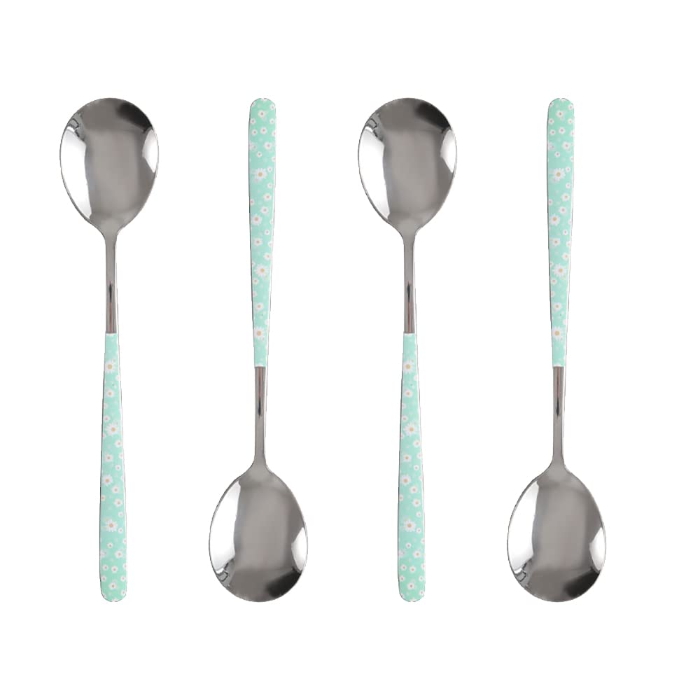 Stainless Steel Soup Spoon,Korean Dessert Spoon,Green Daisy Mixed Color Spoon for Home, Kitchen or Restaurant, Set of 4 Green Daisy Colour Soup Spoons, 8 Inches.