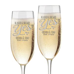 set of 2, personalized wedding champagne flute glasses 8 oz. custom engraved with names and date, toasting flutes for bride, groom, newlyweds (said yes)