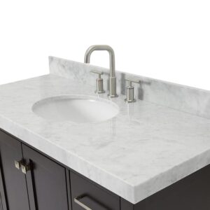 ARIEL Bathroom Vanity 48" Espresso with 2" Edge Italian Carrara Marble Countertop & Backsplash, Center Oval Sink, 2 Soft Closing Doors, 9 Full Extension Dovetail Drawers, Brushed Nickel