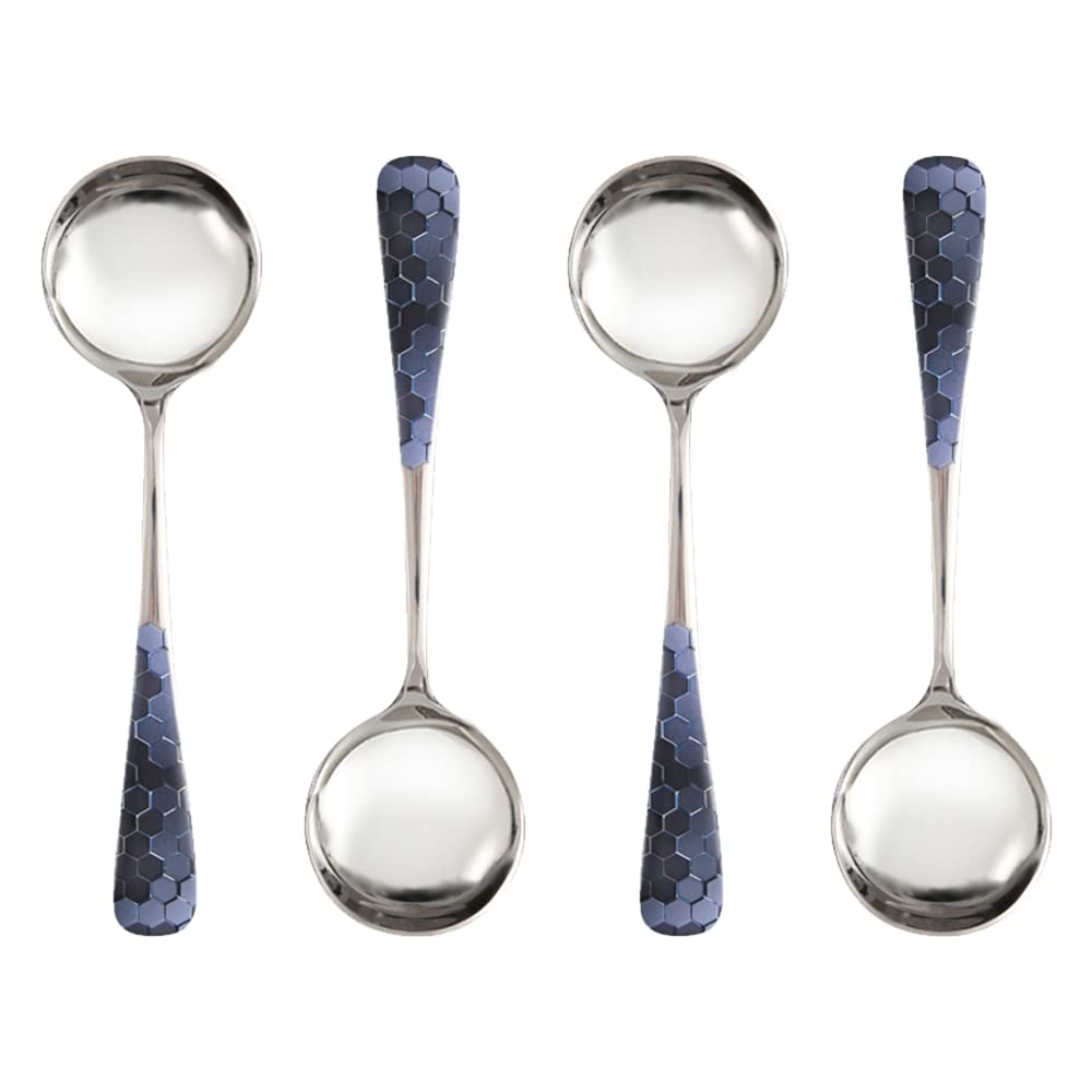 Stainless Steel Coffee Round Spoon,Korean Dessert Spoon,Hexagonal Pattern Mixed Color Tea Spoon for Home, Kitchen or Restaurant, Set of 4 Coffee Spoons, 6 Inches.