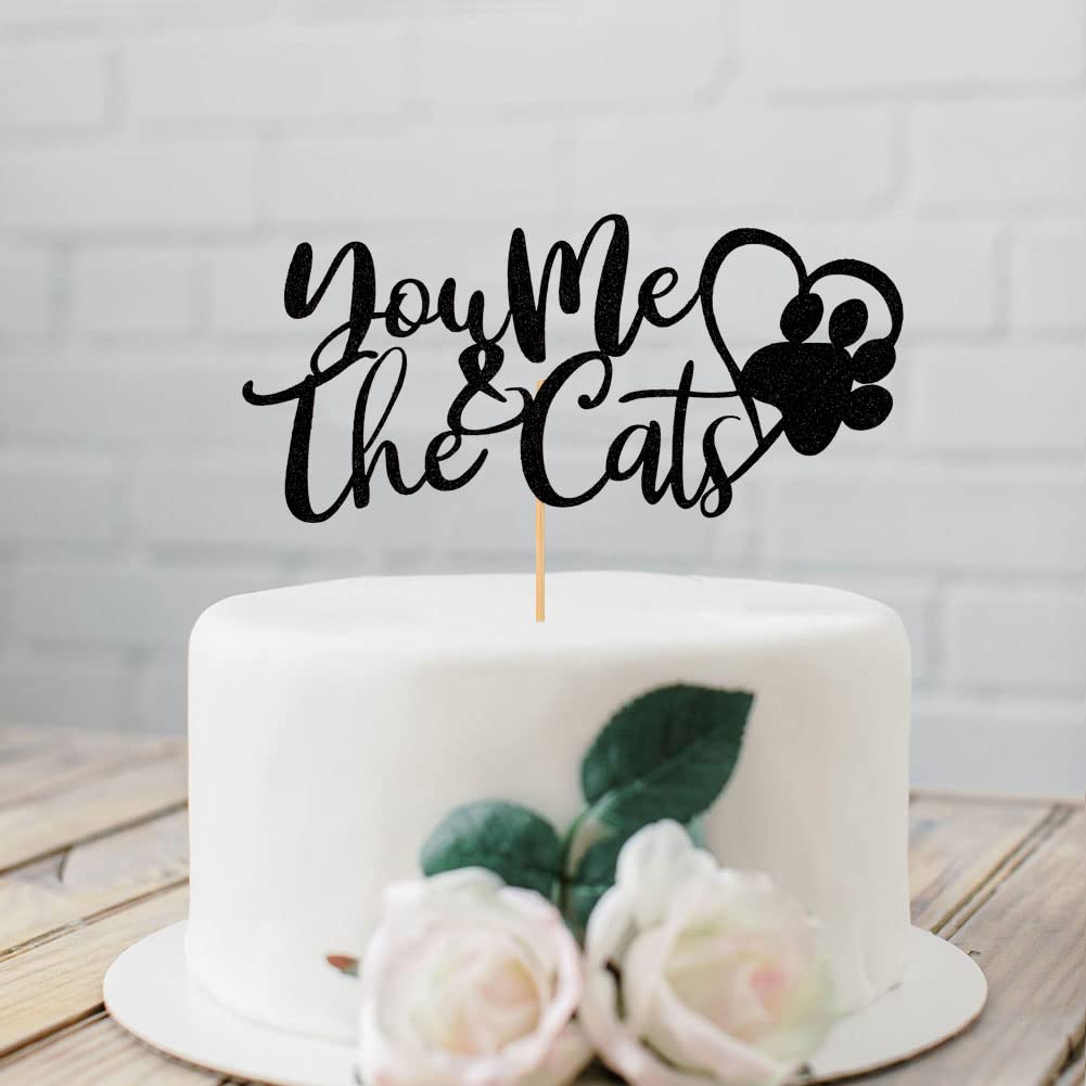 You Me & the Cats Cake Topper, Mr & Mrs Wedding Cake Decors, Bride and Groom Wedding Party Decorations, Cat Lovers Party Supplies, Black Glitter