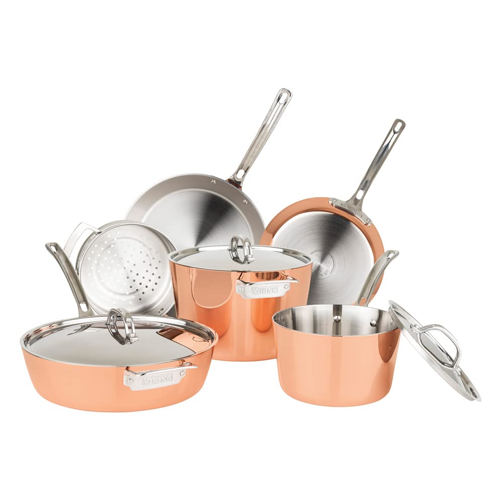 Viking Culinary Contemporary 4-Ply Copper Clad Cookware Set with Metal Lids, 9 Piece, Oven Safe, Works on All Cooktops including Induction