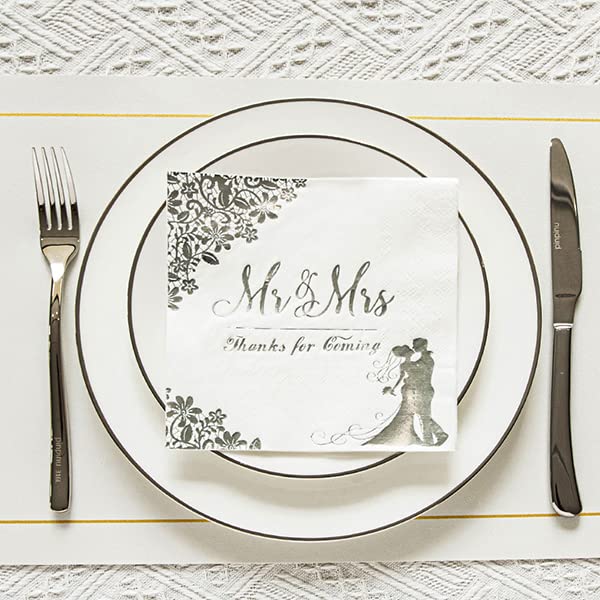 200 Pcs Silver Wedding Napkins for Reception Mr and Mrs Wedding Cocktail Napkins, Disposable Napkins for Wedding, Engagement, Bridal Shower Party Decorations